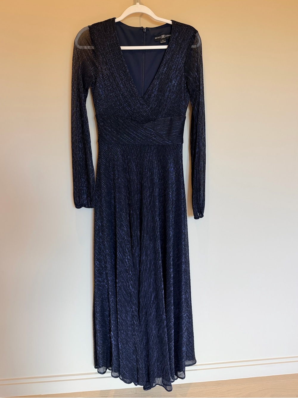 Betsy & Adam Metallic Pleated Maxi Dress Navy Size 4 NWT